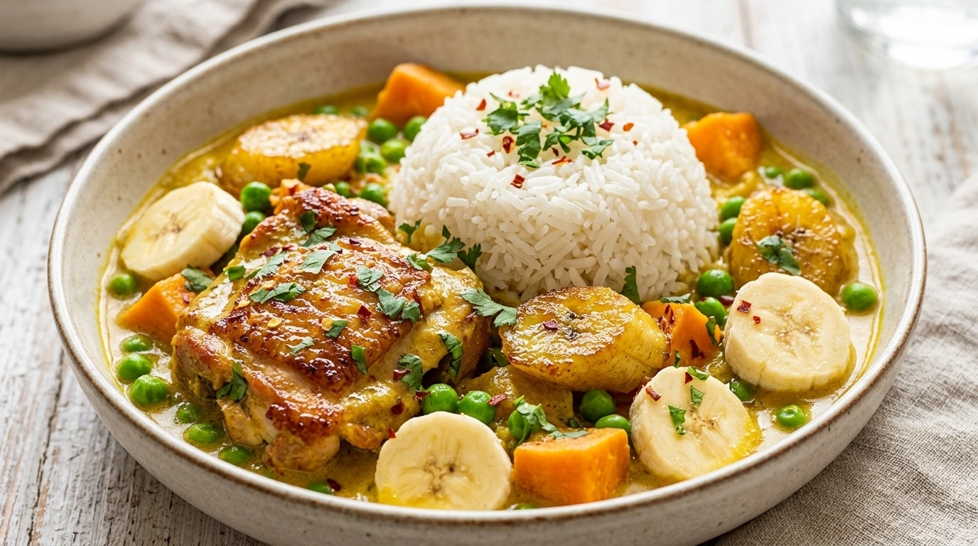 Mild kycklingcurry med banan och aprikos – Söt och barnvänlig - traditionellt Indiskt Middag recept, perfekt till vardagsmiddag